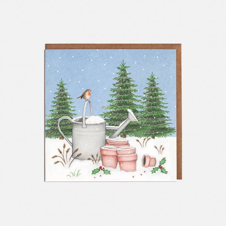 Watering Can & Robin Gardening Christmas Card - Blank for wholesale by Lottie Murphy