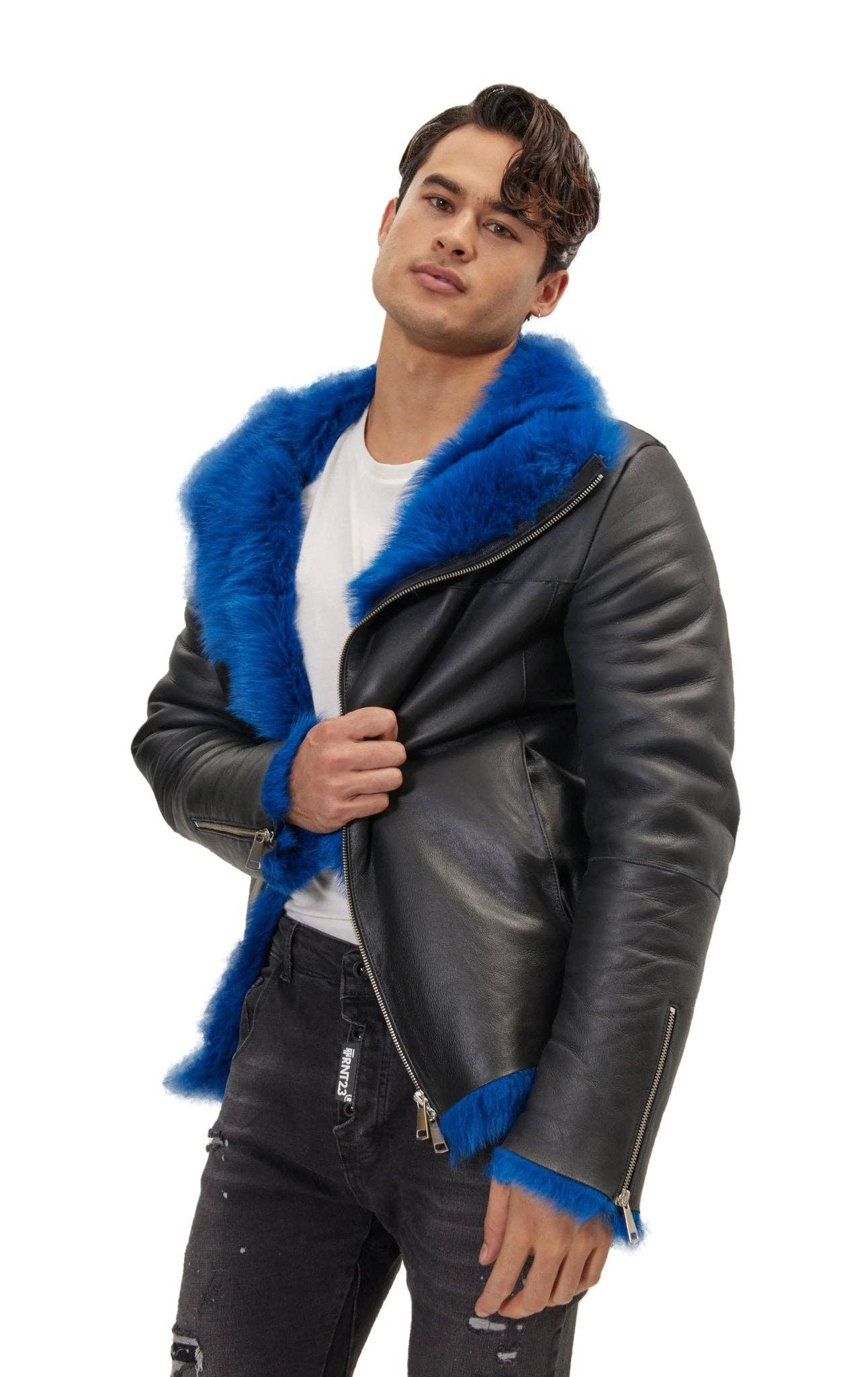 BLACK NAVY Men's Reversible Toscana Shearling Genuine Leather Jacket for wholesale on Faire9