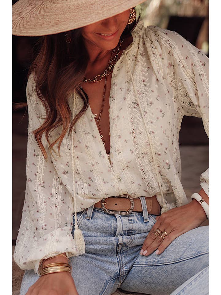 Red Floral Embroidered Lace Bubble Sleeve Shirt for wholesale on Faire