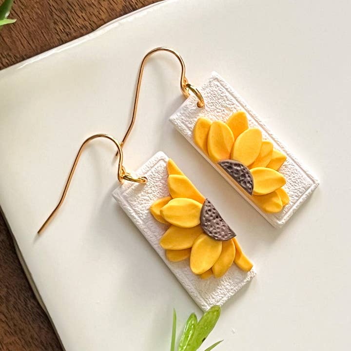 Half sunflower rectangle earrings | 18k gold plated for wholesale by Retrochrome Creations