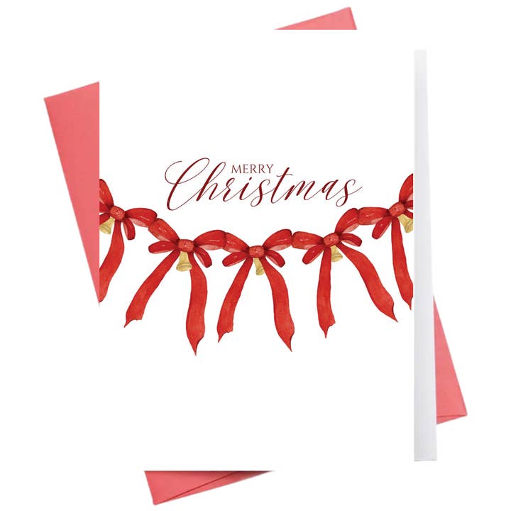 Red Ribbon Garland & Bells | Christmas Greeting Card for wholesale by Inkwell Cards