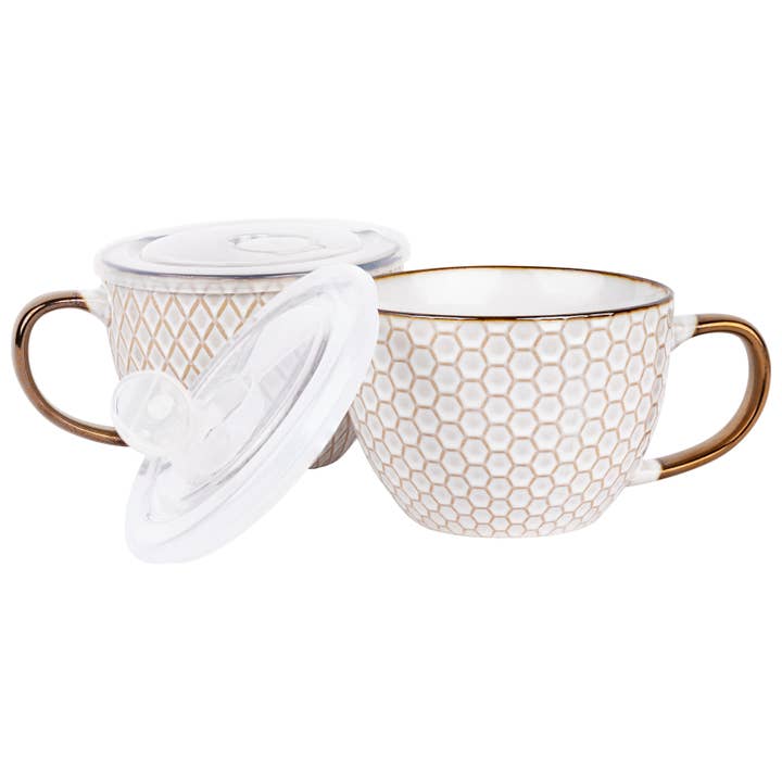 Kook - Wholesale Coffee Mug - Kook Ceramic Soup Mugs with Lids, 18 oz, Set of 2, Narbonne