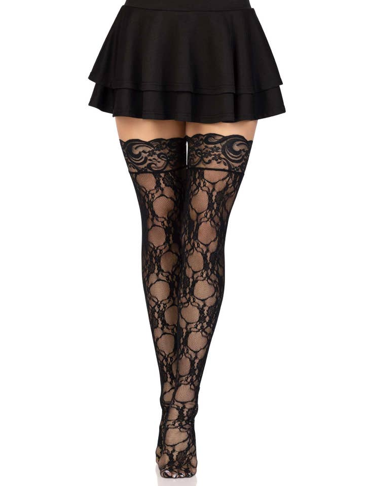 Black Bree Floral Lace Thigh Highs for wholesale on Faire3