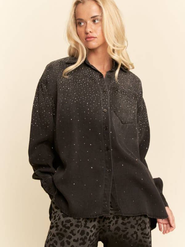 Davi & Dani - Wholesale Shirt – Women’s - OVERSIZED RHINESTONE CHEST POCKET DENIM SHIRT