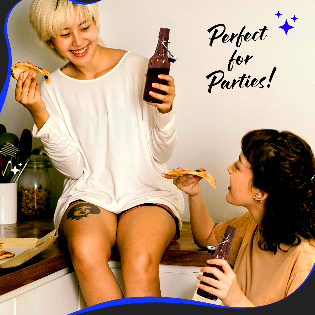 Nevlers – wholesale Mjölk- och juiceflaska – Nevlers 8,5 oz bärnstensfärgade glasölflaskor med svängkork (förpackning med 18) | Inkluderar tratt, borste och markör8