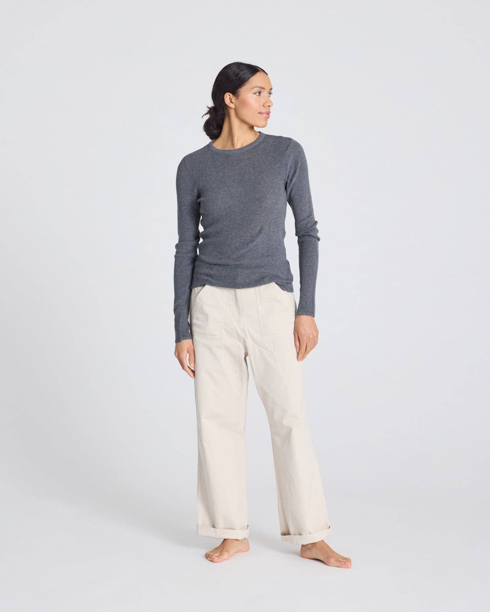 gai-lisva – Top de malha - Mulher por atacado – Freja blusa de manga longa em algodão canelado GOTS - Cinza escuro mesclado0