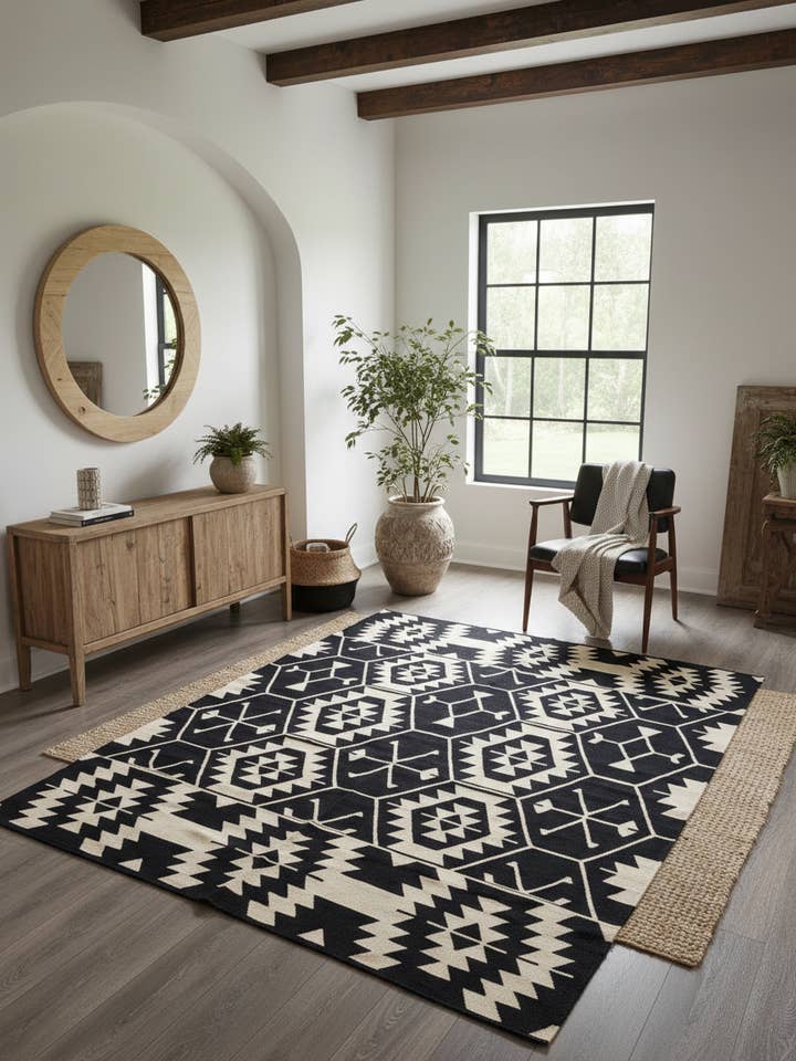 Handmade Western Black & Cream Geometric Wool Rug for wholesale by Mumo Toronto Inc