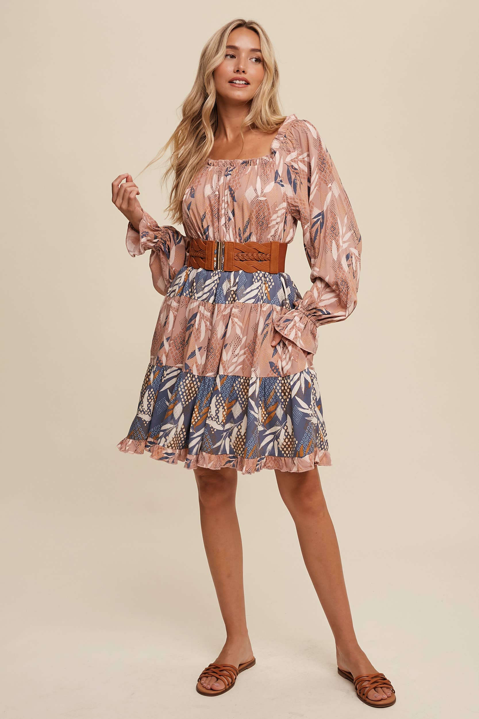 Listicle - Wholesale Dress - Women's - Patchwork Puff-Sleeve Tiered Mini Dress9