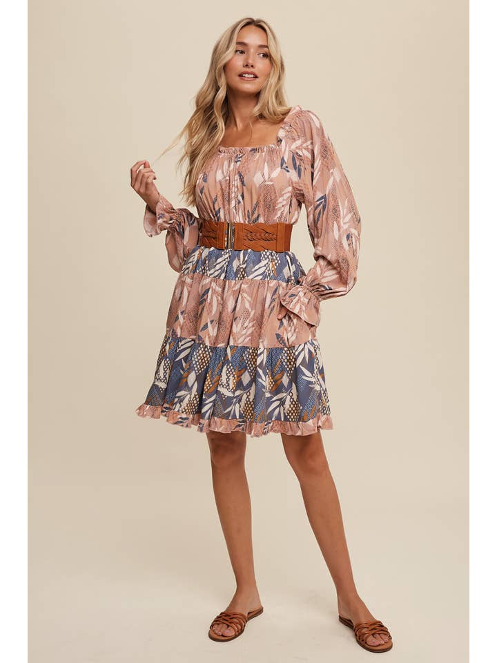 Listicle - Wholesale Dress - Women's - Patchwork Puff-Sleeve Tiered Mini Dress9