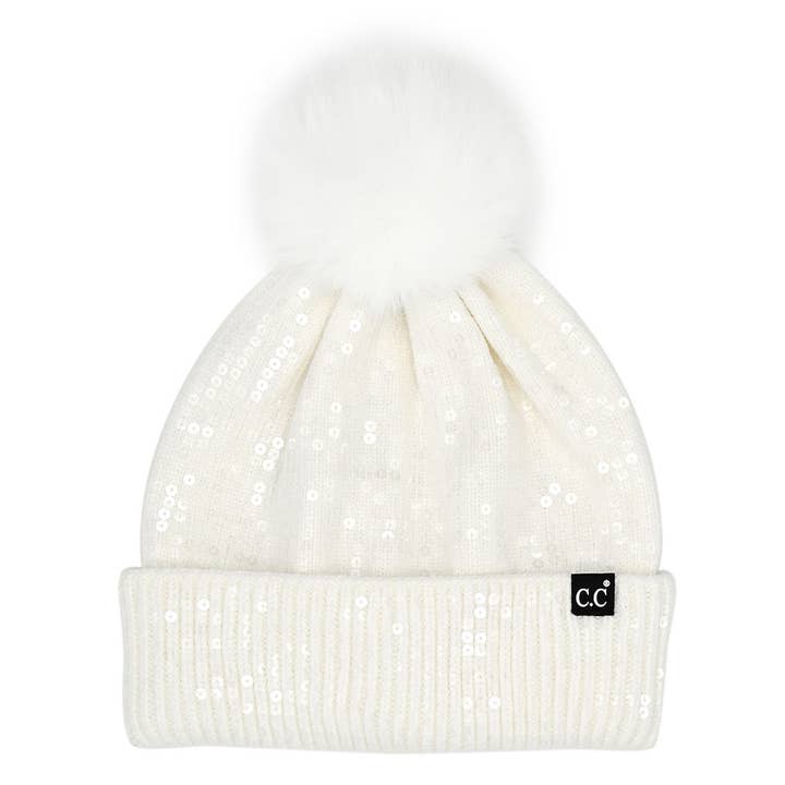 Fashion City - Wholesale Beanie - Women's - Clear Sequined Cuff Beanie with Pom Pom1
