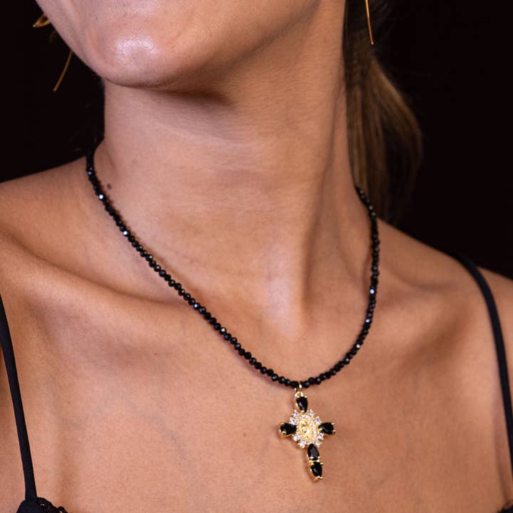 PHOEBE´S - Wholesale Choker/Collar - Black tourmaline bead necklace with cross and zirconia0