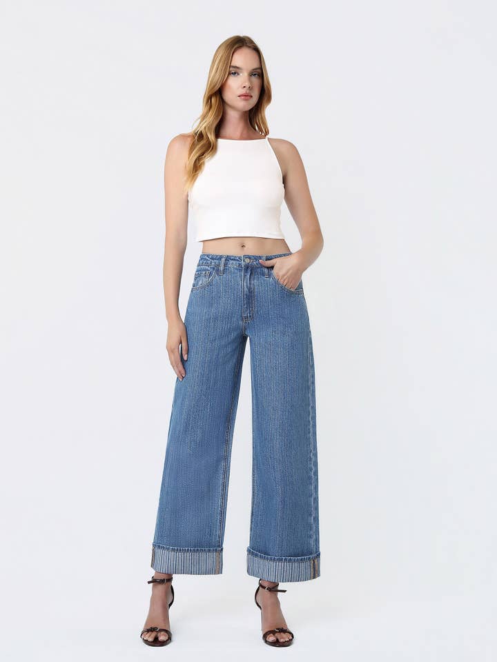 HIGH RISE CUFFED JACQUARD STRIPE CROP WIDE JEANS V3783 for wholesale by VERVET by FLYING MONKEY