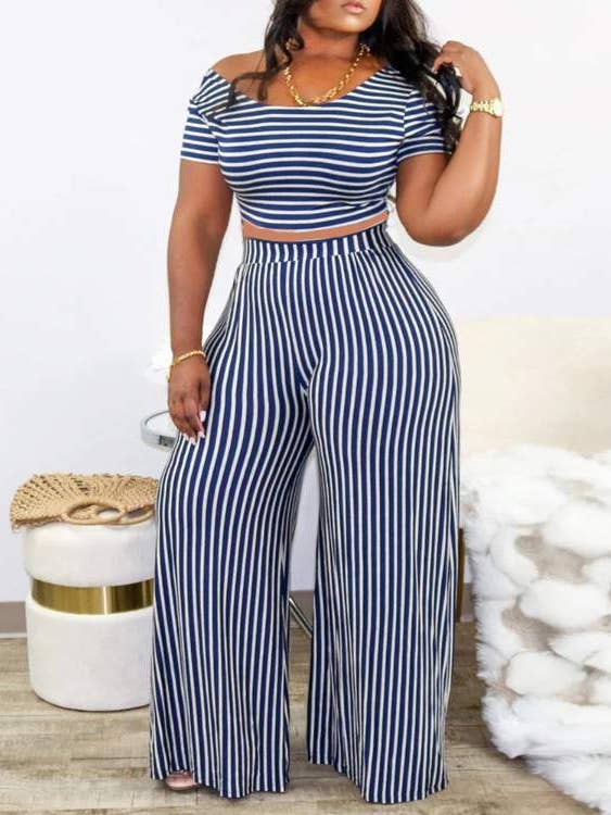 size striped print crop top wide legs pants set for wholesale by Fashion Combination