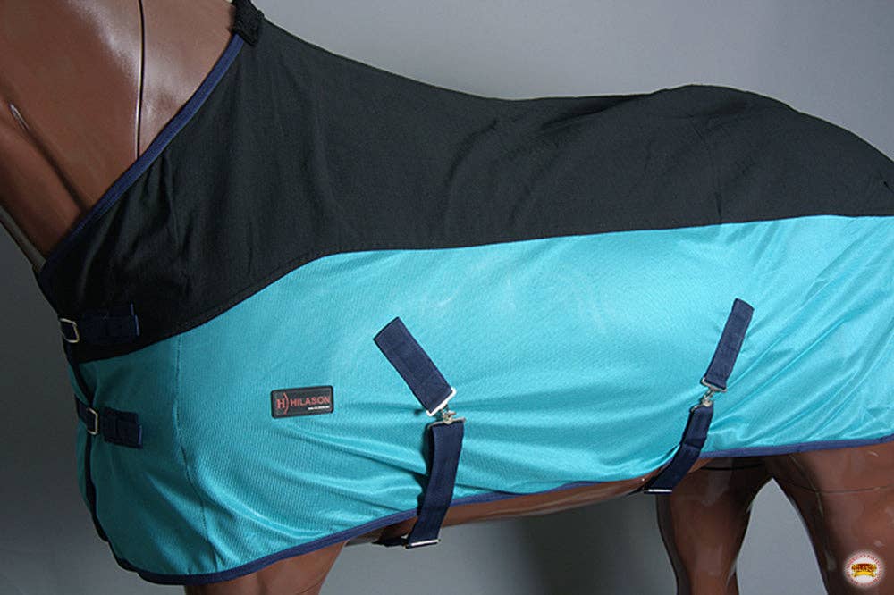 HILASON - Vente Équipement d’équitation - Hilason Couverture Anti-Mouches Légère Confortable Durable en Poly pour Cheval Western Noir Turquoise1