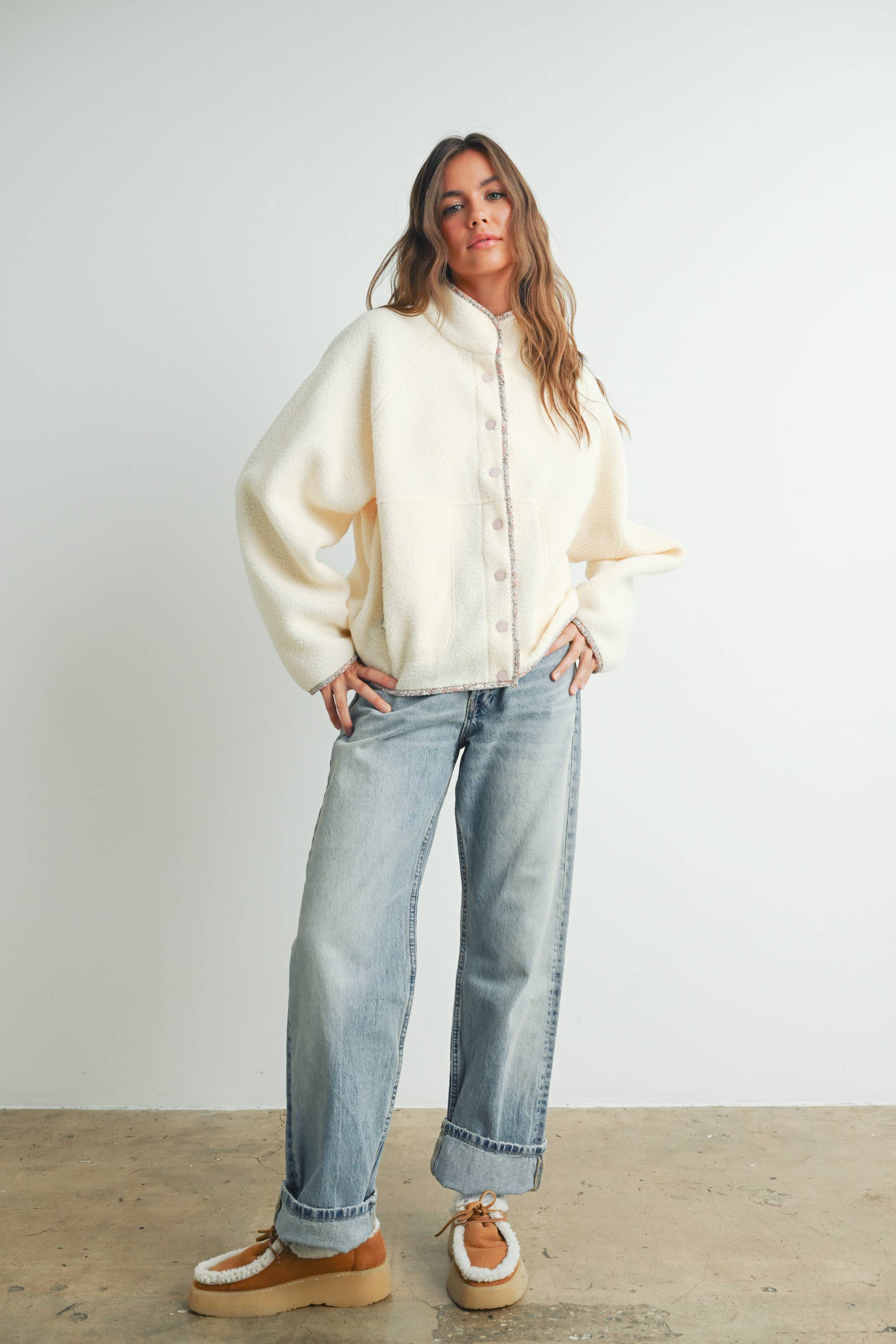 BUTTERMELON - Wholesale Shirt Jacket/Shacket - Women’s - Fall Cozy Snap Mock Neck Sherpa Fleece Jacket - BMJ754713