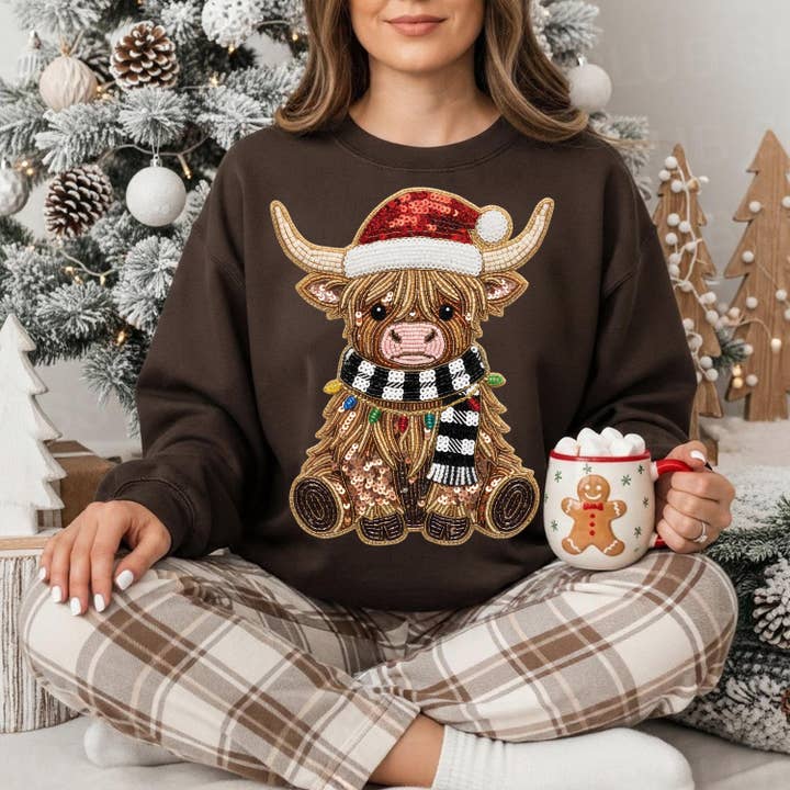 NVC Ecommerce LLC - Wholesale T-Shirt (Graphic) - Women's - Highland Cow Christmas Shirt, Sequin Santa Hat Sweatshirt4