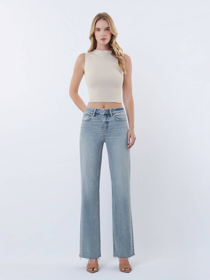 HIGH RISE RAW HEM SLIM WIDE JEANS WITH TINT T7314 for wholesale by VERVET by FLYING MONKEY