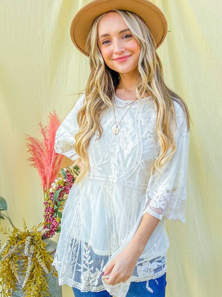 AND THE WHY - Wholesale Tunic - Women's - ATW10187 - Floral Embroidered Mesh Tunic Top With Lining