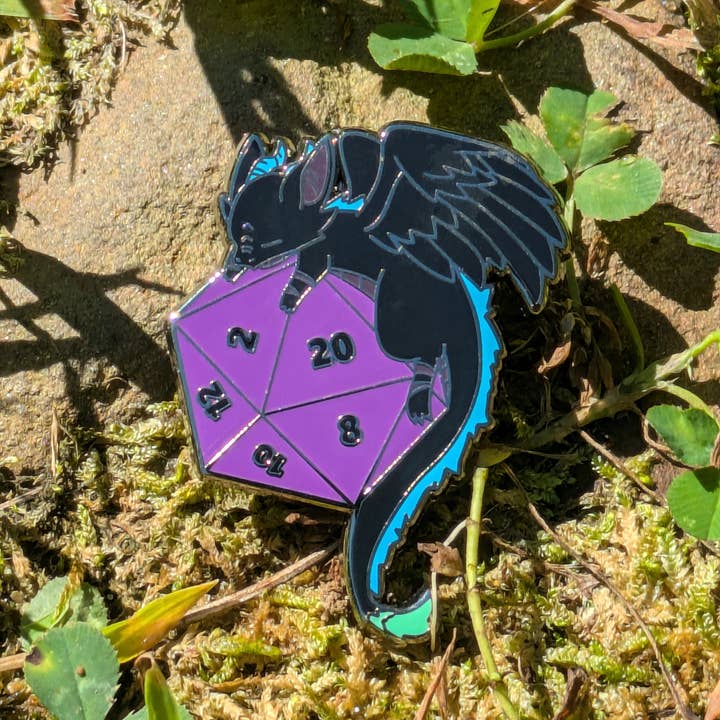 Black Dragon on Polyhedral D20 Hard Enamel Pin -1.5" for wholesale by Mimic Gaming Co