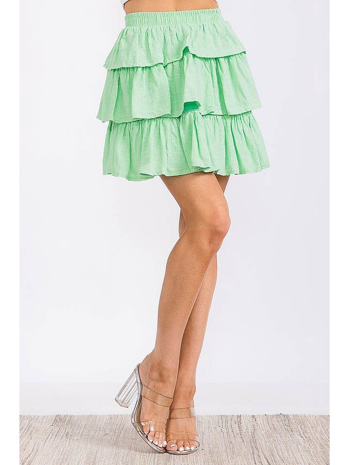 ROUSSEAU - Wholesale Skirt - Women's - SOLID RUFFLE TIERED ELASTIC WAIST MINI SKIRT3