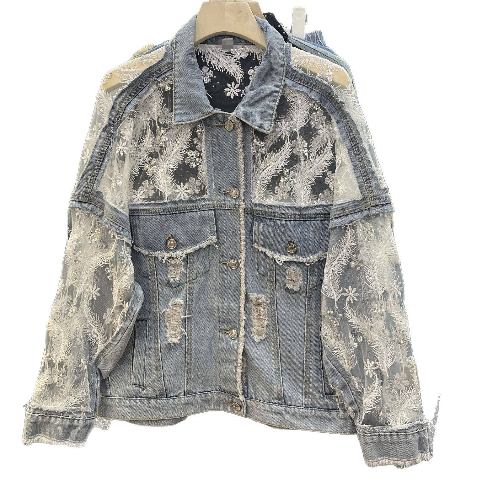 Blue M135 Double-Layer Lace Mesh Embroidered Denim Jacket for wholesale on Faire4