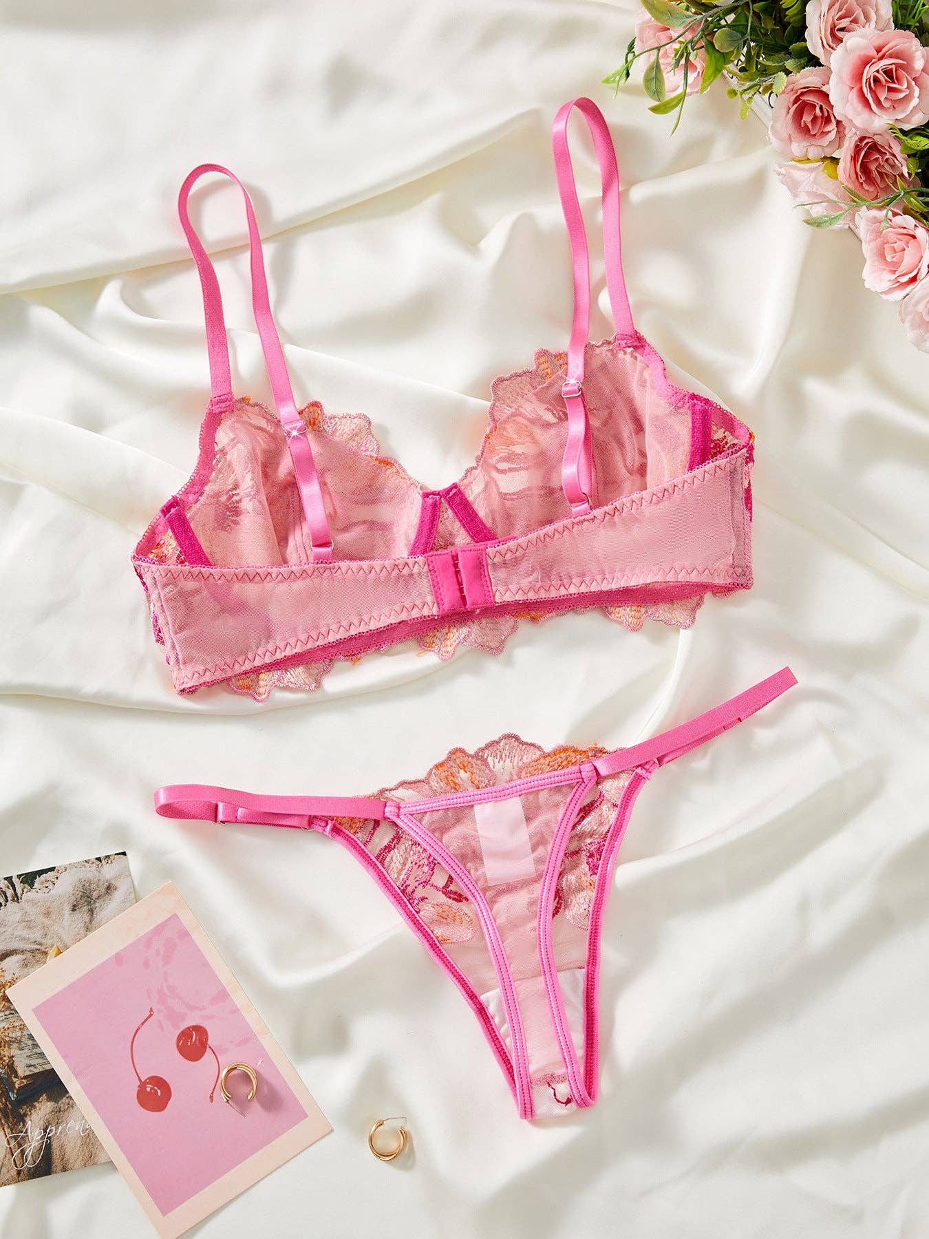 Pink Ladies Embroidery Floral Bra Thong 2PCS Lingerie Set SKLG4014 for wholesale on Faire2