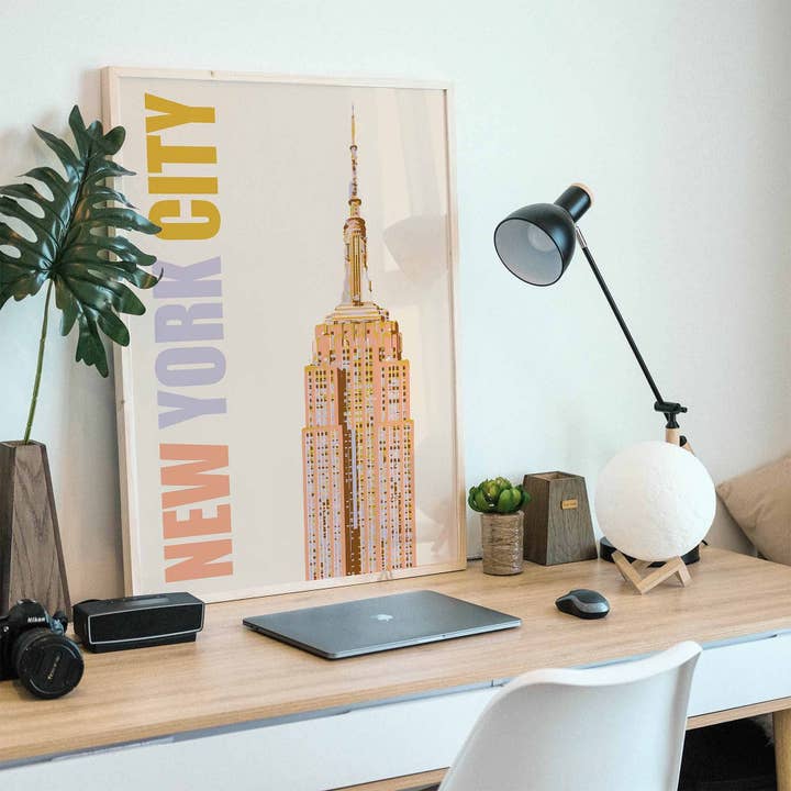 Newpencilbox Art - Venta al por mayor Ilustración - Impresión artística del Empire State de la ciudad de Nueva York, tipografía en colores pastel suaves