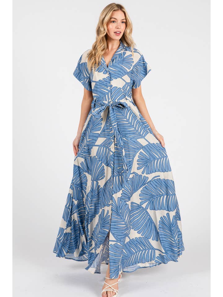 B I G H I T Fashion - Wholesale Dress - Women's - Palm Print Short Sleeve Button-Down Maxi Dress HD3020-BLUE4