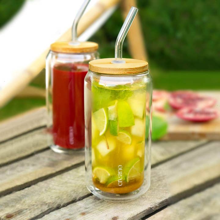 Creano - Wholesale Drinking Glass/Cup - Creano double-walled glass bamboo lid, straw 360ml 1er3