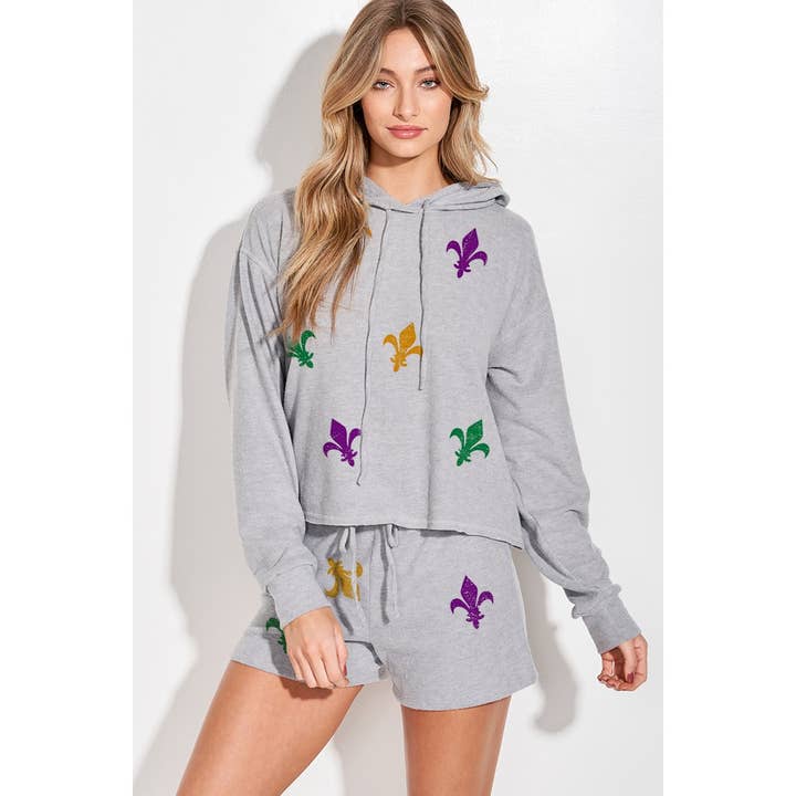 Conjunto de roupa lounge com capuz com estampa diurna de Mardi Gras por atacado de Phil Love