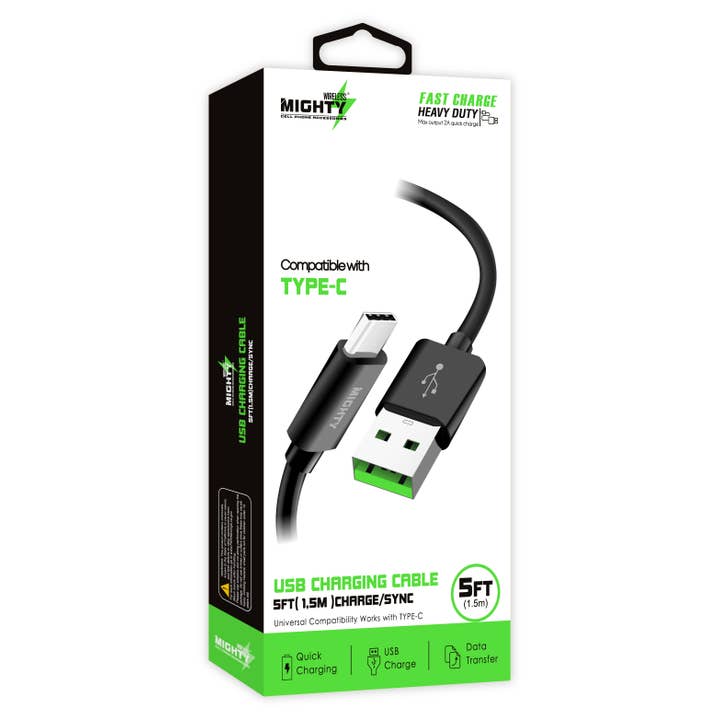 Mighty Wireless - Wholesale Charging Cable - Mighty Fast Charging 5FT Type-C Cable Black MK12
