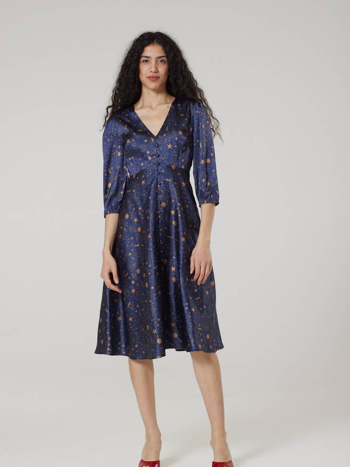 Daphne Midi,Moon and Print Stars Tea Dress in Recycled fabr for wholesale by Timeless London