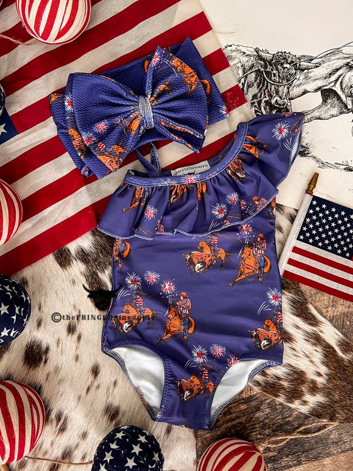 Western 4 Of July-Team Roper Ruffle Swimsuit(Minis) for wholesale by Arrow F Apparel