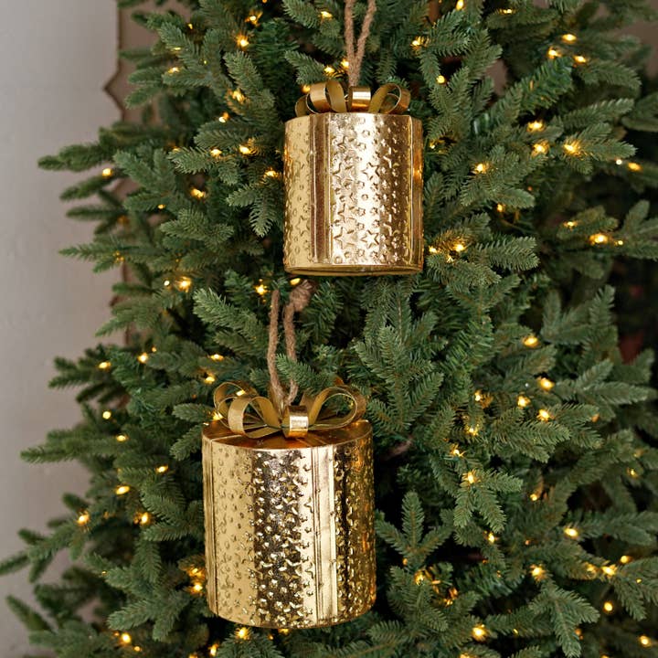Holiday Depot Inc. - Wholesale Christmas Decoration - 570606AB- Set of 2 Dazzling Gold Metal Round Gift Box-8Hx6D+4