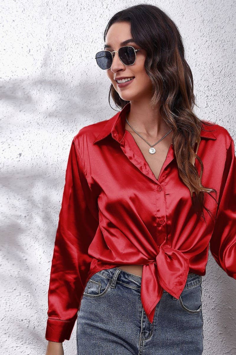 NINEXIS - Wholesale Button Down Shirt - Women's - CWTBLL0691_Button Down Silky Satin Long Sleeve Top58
