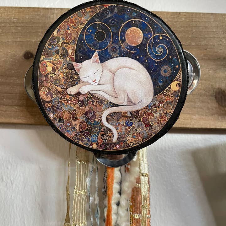 Charmed Mystical Moon Cat 4" Tambourine and Ribbon Wall Art for wholesale by Bodhi Leaf Market