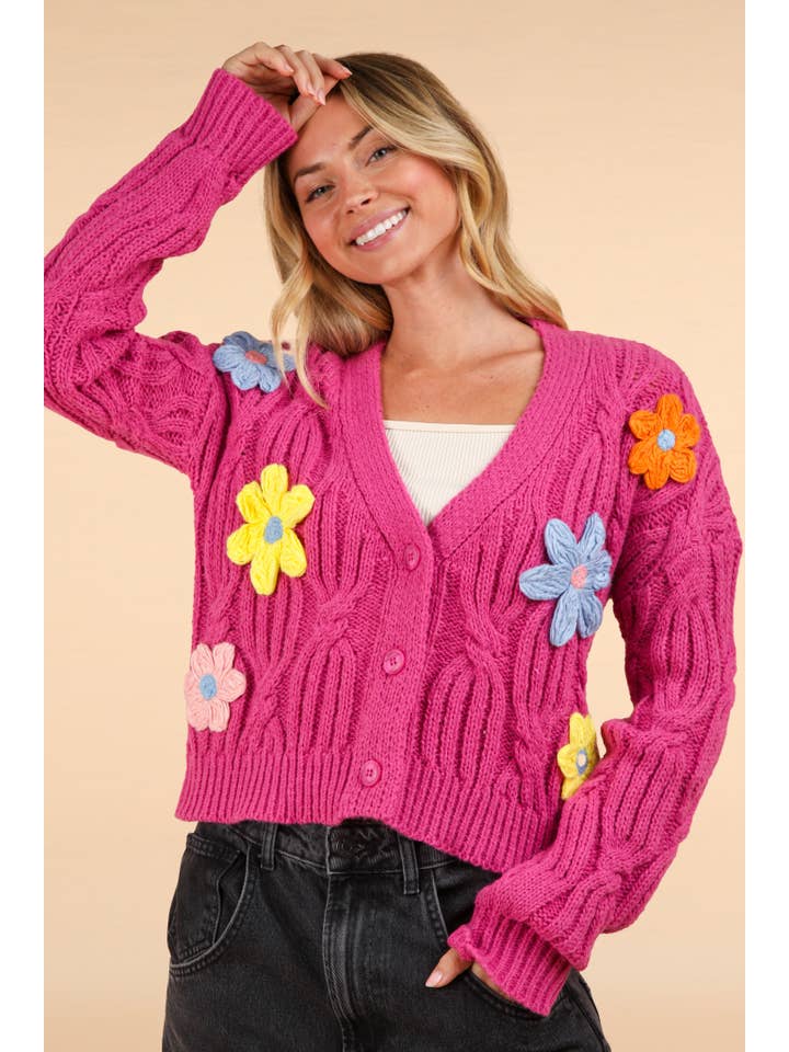 VERY J - Wholesale Cardigan - Women's - 12W3110NX-PLUS SIZE Hand-Made Flower Applique Knit Cardigan