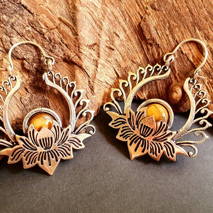 Kaali Boutique - Wholesale Hoop Earrings - Silver Lotus Flower Tiger Eye Earrings rustic, yoga, hippie, gypsy, pretty, psy, boho, bohemian, festival