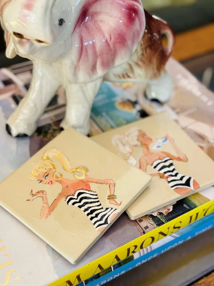 Barbie inspired coaster for wholesale by Susie Stokes Gibson Art & Design