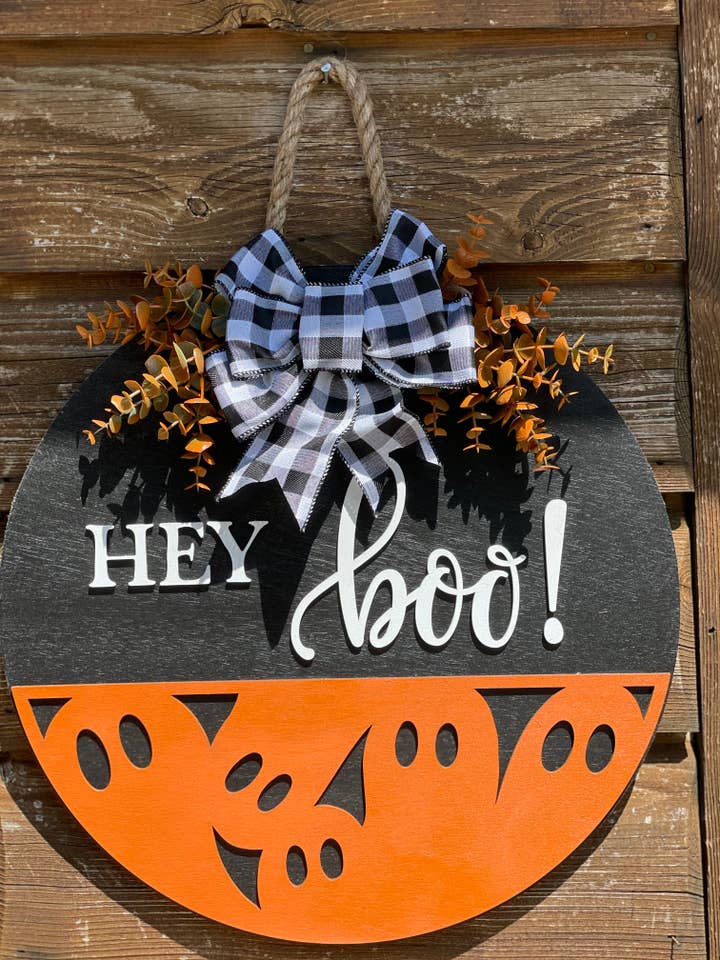 3D Hey Boo! Door Hanger for wholesale by Mama E’s Makery