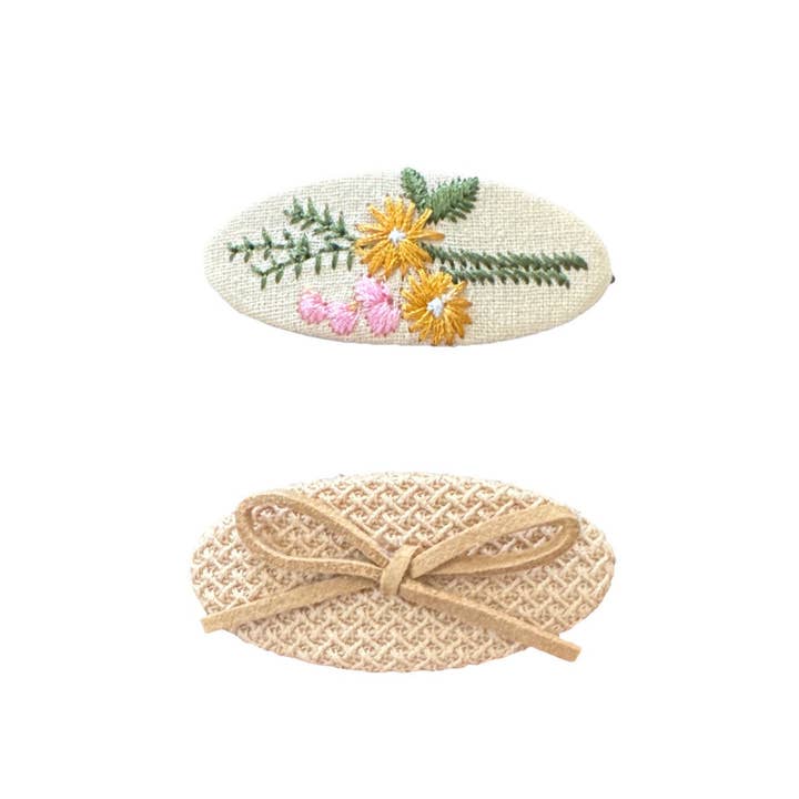 Beige Oval Embroidered Floral Bow Crochet Fabric 2 Piece Hair Clip Set for wholesale by Fleur de lys collections