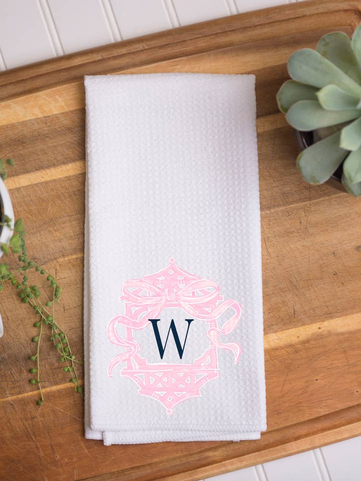 Spring Kitchen Towel – Pink Pagoda Crest for wholesale by The Navy Knot