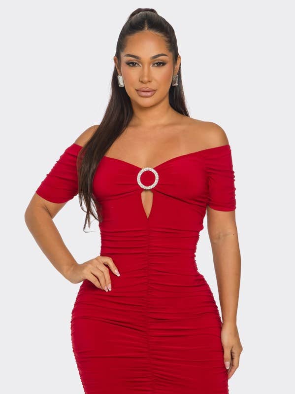 RED O-RING CUTOUT HALF SLEEVES MINI DRESS SP9659D for wholesale by Stylish Wholesale