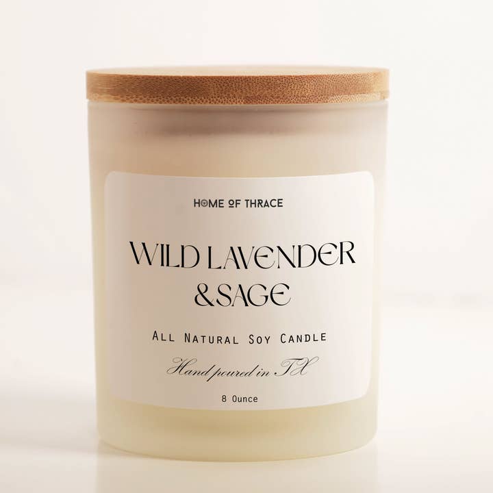 Wild Lavender & Sage 8 oz Soy Candle White Frosted Jar for wholesale by Home Of Thrace