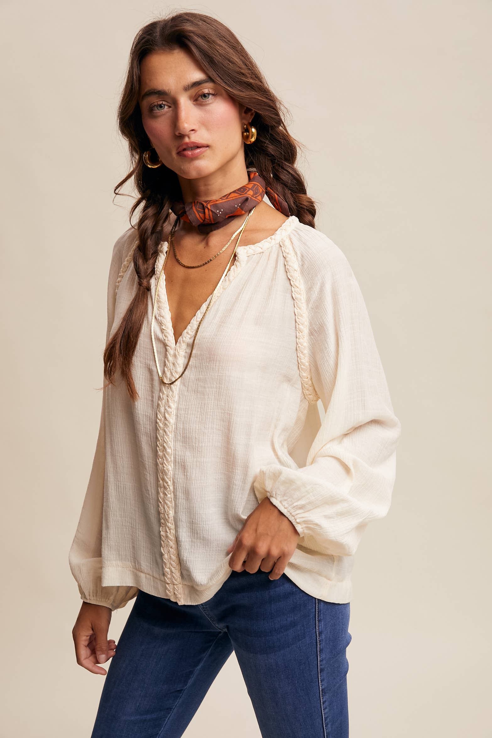 Listicle - Wholesale Blouse - Women's - Braided Trim Peasant Blouse LT14475