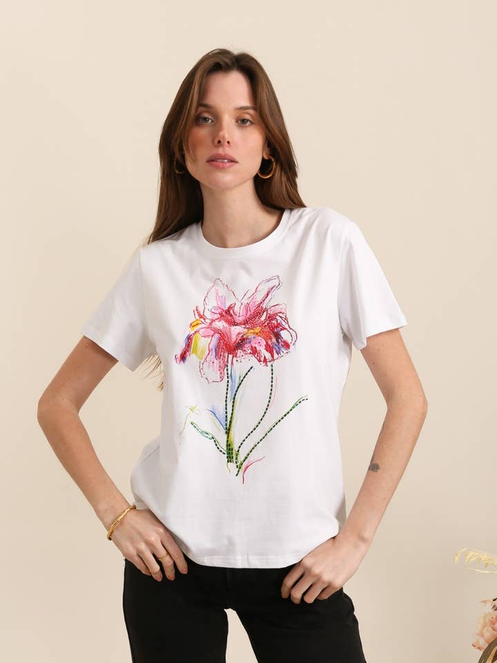 Cotton T-shirt with floral print for wholesale by Attrait Paris