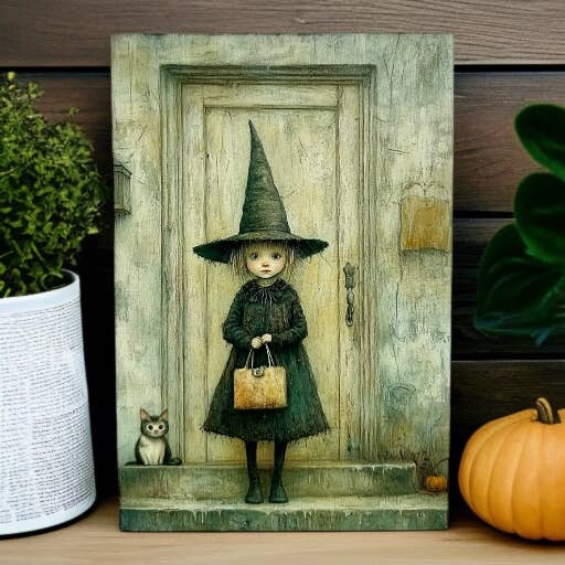 Cute Girl Witch - Autumn/Fall Decor Rustic Wood Sign for wholesale by Inkwood Crafters