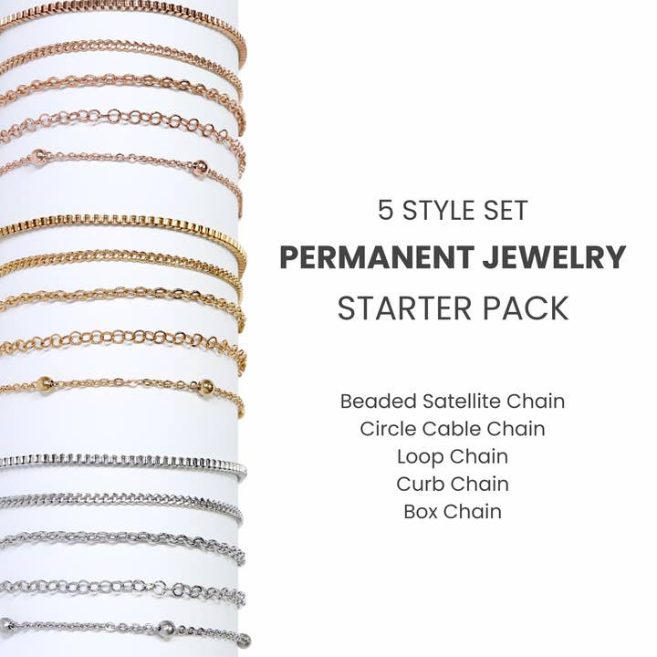 Permanent Jewelry Stainless Steel Chain Starter Kit - 5 Chain Style Pack for wholesale by WJW
