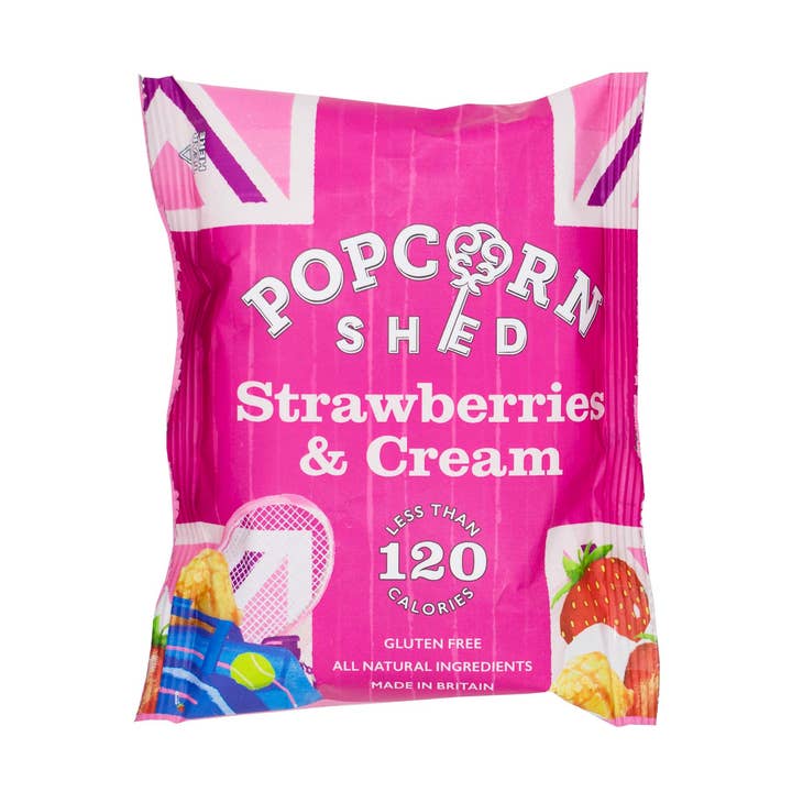 Paquet de collations gourmandes à la crème et aux fraises pour la vente par Popcorn Shed