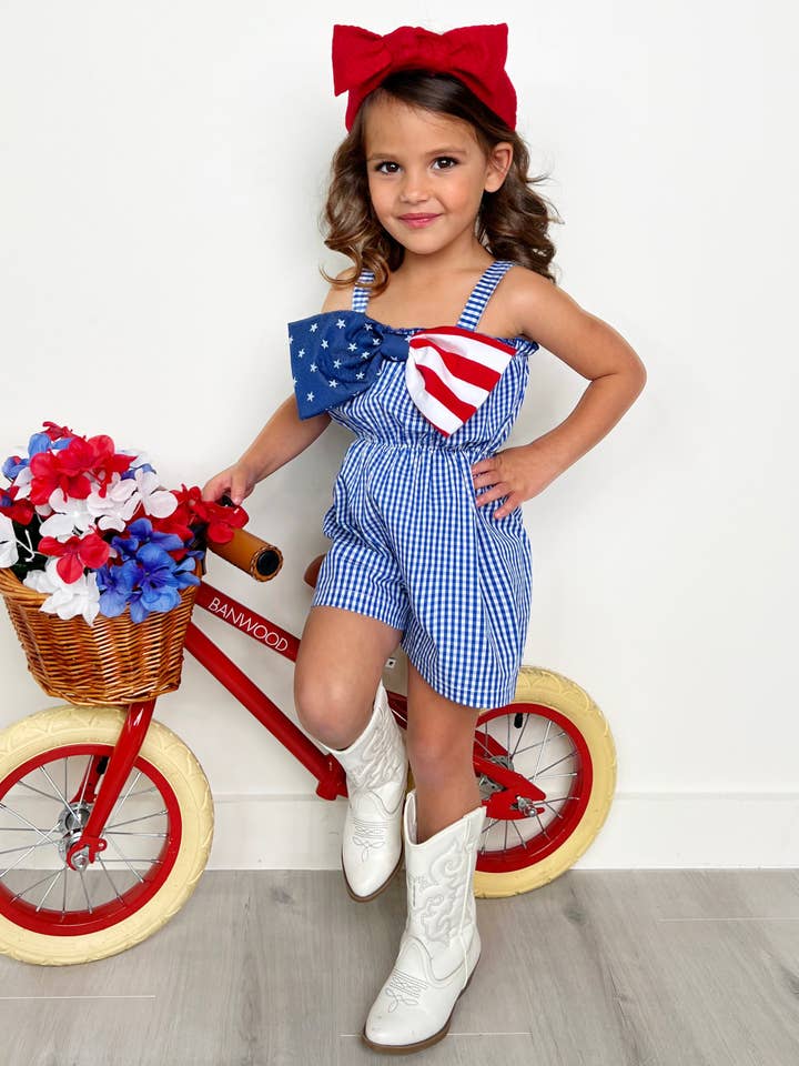 Blue American Bow Gingham Romper for wholesale on Faire1